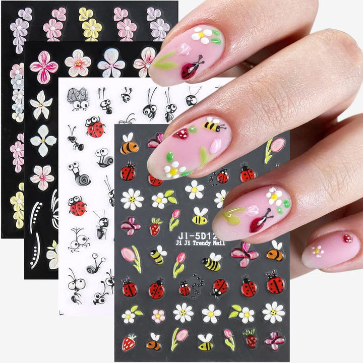 5D Embossed White Flowers Nail Stickers, 5 Sheets Self-Adhesive Floral Nail Decals, Spring Rose Butterfly Nail Art, 3D Acrylic Flowers for Manicure Decor