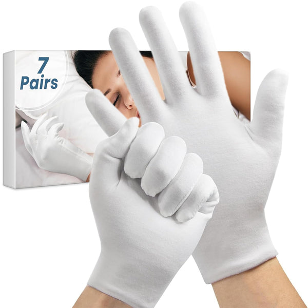 7 Pairs White Cotton Gloves, Breathable Cotton Gloves for Dry Hands Sleeping, Washable Eczema Moisturizing Glove Overnight for Women Men, Halloween Wedding Costume Work Glove for Serving Inspection