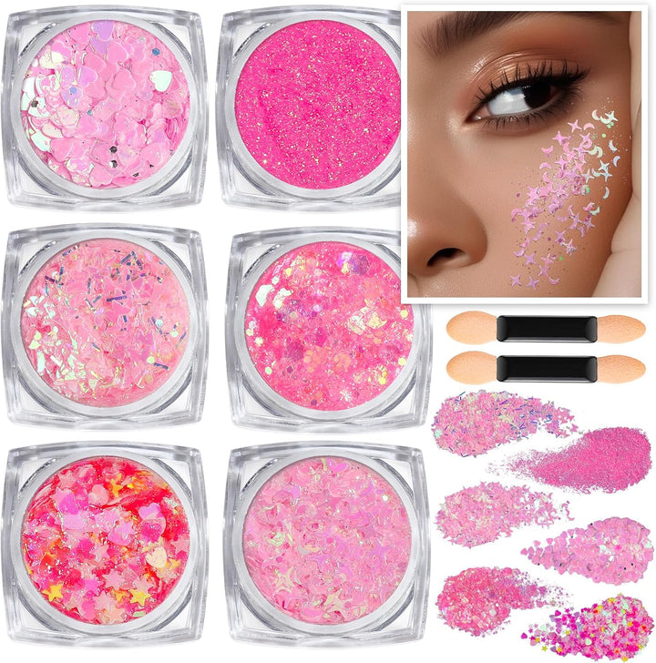 Face Glitter Body Glitter, Clear White Body Glitter Gel, Hair Glitter Gel, 6 Shapes Rave Glitter, Mermaid Sequins Makeup Glitters Face Paint, Chunky Sparkling Glitter Gel for Women