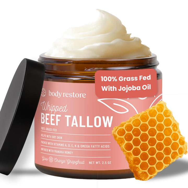 Grass Fed Whipped Beef Tallow for Dry Skin, Face - Manuka Honey, Jojoba Oil, Christmas Stocking Stuffers, White Elephant, Birthday Gifts for Women, Men, Travel Essentials - Eucalyptus