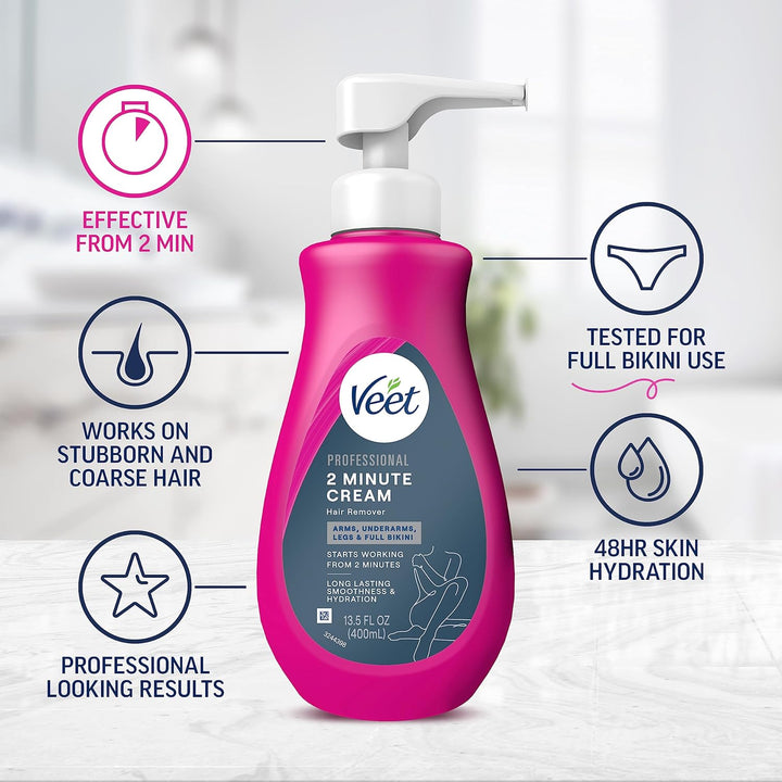 Professional 2 Minute Cream for All Skin Types with Shea Butter, Full Bikini & Pubic Hair Removal, Dermatologically Tested, 13.5 FL OZ Bottle W/Spatula