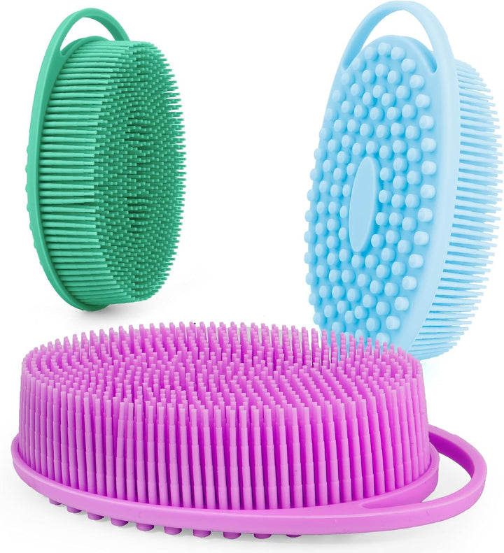 Soft Silicone Body Scrubber 2 PCS Silicone Body Shower, Silicone Loofah 2 in 1 Bath and Shampoo Brush, Body Scrubber Shower Cleaning Exfoliating Use for Sensitive Skin, Lather Well(Black and Pink)