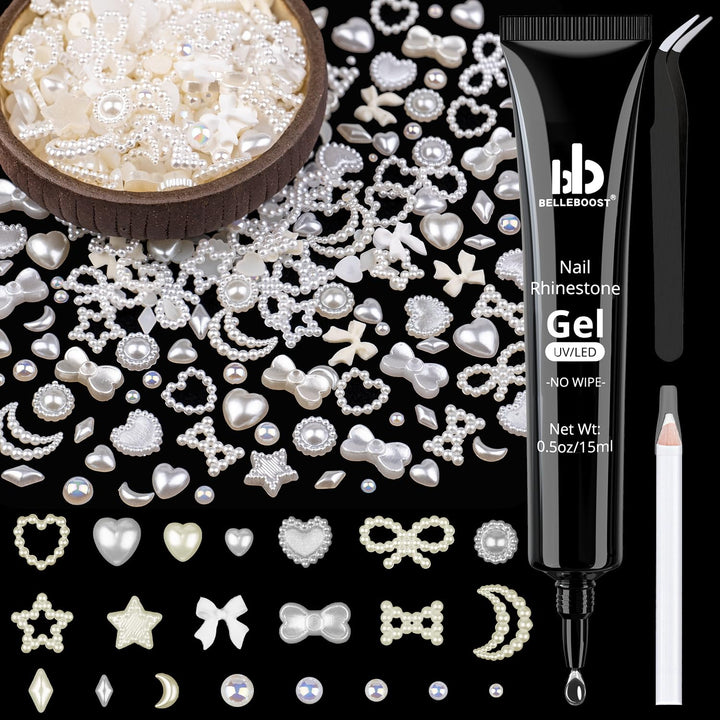 600Pcs 3D Multi Shapes Nail Charms and Flatback Pearls, White Mix Styles Heart Star Bow Sunflower Embellishments for Nail Art, Craft and Decoration with Glue Gel, Tweezer and Pickup Pencil