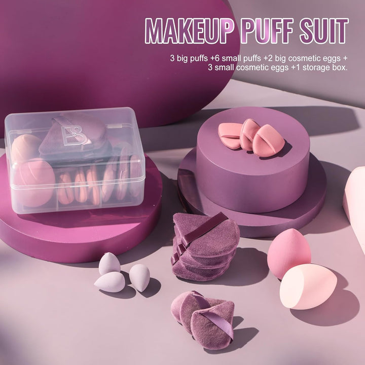 Makeup Sponge Set  Triangle Puff 14 Pcs for Liquid, Cream, and Powder, Multi-Colored Makeup Sponges and Mini Sponge with Case (A-Purple)