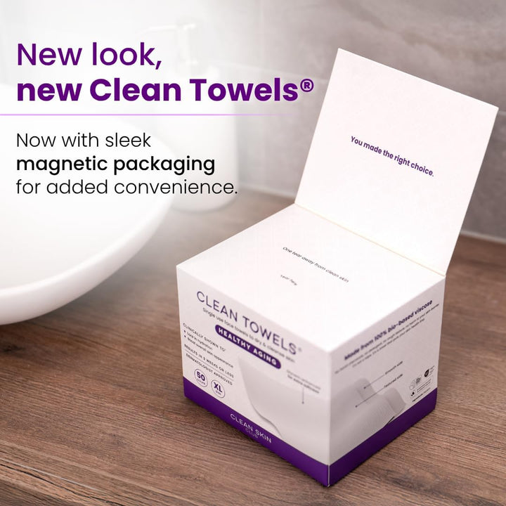 Healthy Aging Clean Towels® XL, Smooths Fine Lines Wrinkles & Texture in 6 Weeks, Treated for Extra Softness, Disposable Face Towels, anti Aging Makeup Remover Dry Wipe, 50 Count