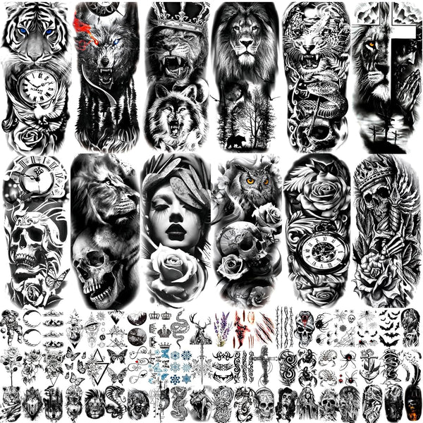 82 Sheets Temporary Tattoo for Men Women Adults, Include 12 Sheets Black 3D Half Sleeve Temporary Tattoos, Halloween Tattoos Scary Lion Wolf Tiger Skull Skeleton Tattoos Stickers