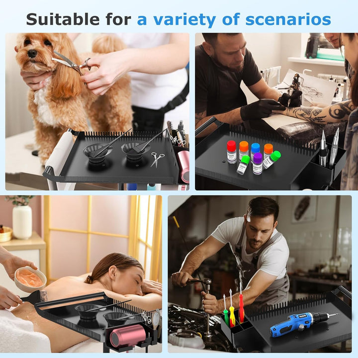 Hairstylist Tray on Wheels, Rolling Salon Tray with Holder and Hair Separator Stand, Salon Trolley Adjustable Tray with Storage Platform Dye Bowls and Tools for Hair Stylist