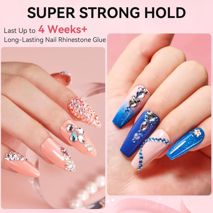 Nail Rhinestone Glue Set - Gel Nail Glue for Rhinestones, 3D Art Design Super Strong Adhesive for Charm Gems Jewel Crystal Beads Diamonds, 15Ml & 8Ml, Easy Use, Cured Need