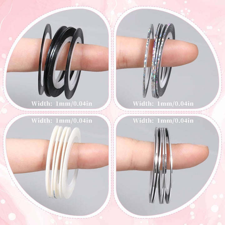 Glitter Nail Tape, 20 PCS Nail Tape for Nail Art Nail Striping Tapes Silver Gold Nail Stickers Self Adhesive Gold Nail Art Line Pinstripe Tapes Decoration Strips for DIY Design Nail Tools (1Mm)