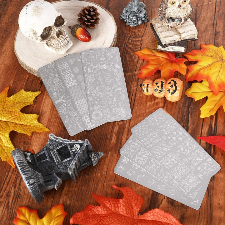 6Pcs Fall Thanksgiving Theme Nail Art Stamping Plate Kit Various Pattern Pumpkin Maple Autumn Blessing Collection Checkered Nail Art Plate for Thanksgiving Day DIY Design Print Manicure Salon