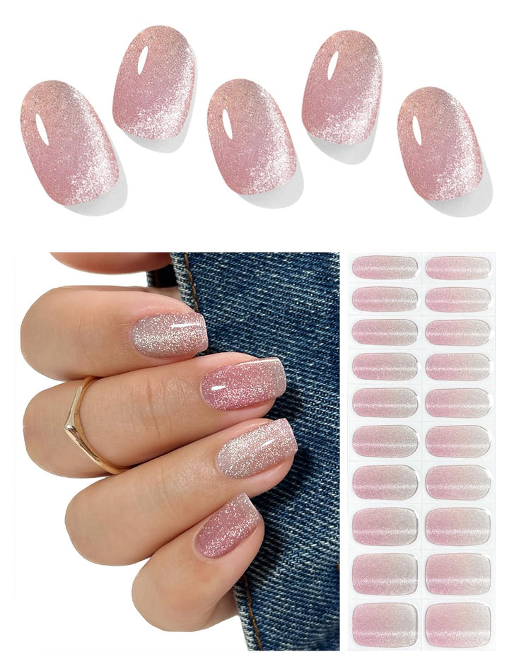 Semi Cured Gel Nail Strips (Deep Plum Cat Eye), Dark Purple, 20 Pcs Gel Nail Wraps, Stickers, UV Light Required, Salon Quality, Long Lasting