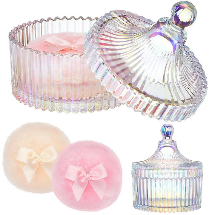 3 Pcs Large Body Powder Puff and Container Powder Container with Puff Crystal Case Soft Washable Reusable Velour Face Body Glitter Wet Dry Makeup(Simple,Clear)