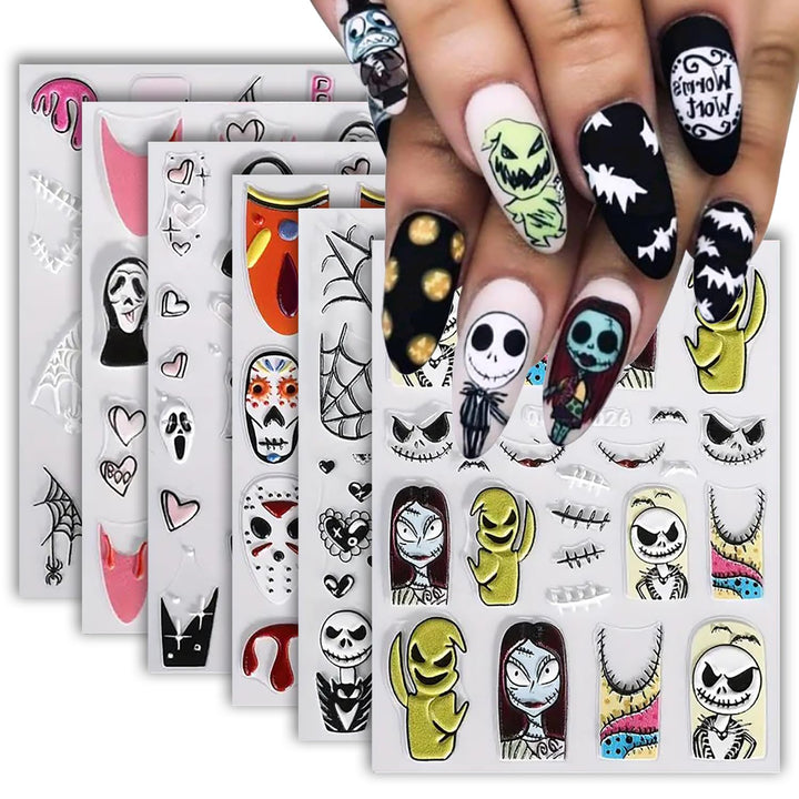 Halloween Nail Art Stickers Cute Ghost Pumpkin 3D Self-Adhesive Nail Decals Bat Cat Skull Designs Nail Decorations Halloween DIY Manicure Supplies for Women Girls&Kids 6Pcs