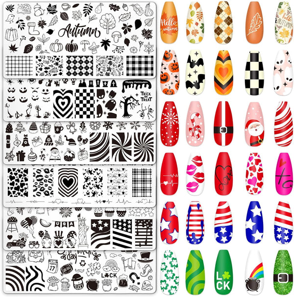 6Pcs All Holiday Nail Art Plates Valentines Stamptemplates Set Winter Christmas Fall Nail Plates Stamping for Xmas DIY Print Manicure Salon Design Gift