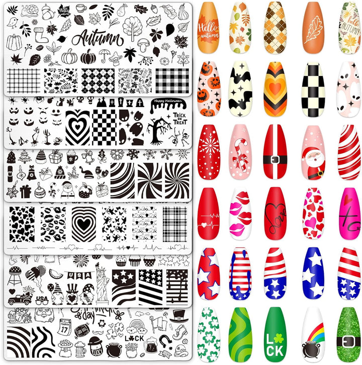 6Pcs All Holiday Nail Art Plates Valentines Stamptemplates Set Winter Christmas Fall Nail Plates Stamping for Xmas DIY Print Manicure Salon Design Gift