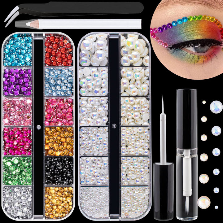 Flat Back Rhinestone Kits Colorful Rhinestones+Crystal Ab&Transparent White Face Gems Nail Gem with Quick Dry Makeup Glue+Picker Pencil+Tweezer for Bedazzling Face Makeup and Nail Art