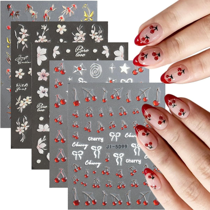 5D Embossed White Flowers Nail Stickers, 5 Sheets Self-Adhesive Floral Nail Decals, Spring Rose Butterfly Nail Art, 3D Acrylic Flowers for Manicure Decor