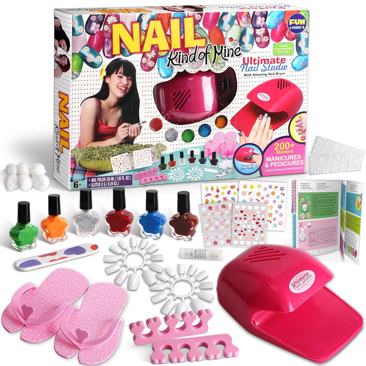 Kid Nail Art Kit for Girls, Funkidz Nail Studio Kits Size 17.91Wx12.4L with Peelable Nail Polish Nail Dryer Teens Makeup Mani Pedi Set Spa Party Gift