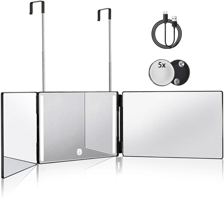 3 Way Mirror for Hair Cutting,360 Trifold Mirror with Height Adjustable Telescoping Hooks,And 5X Magnification,For Makeup, Hair Styling