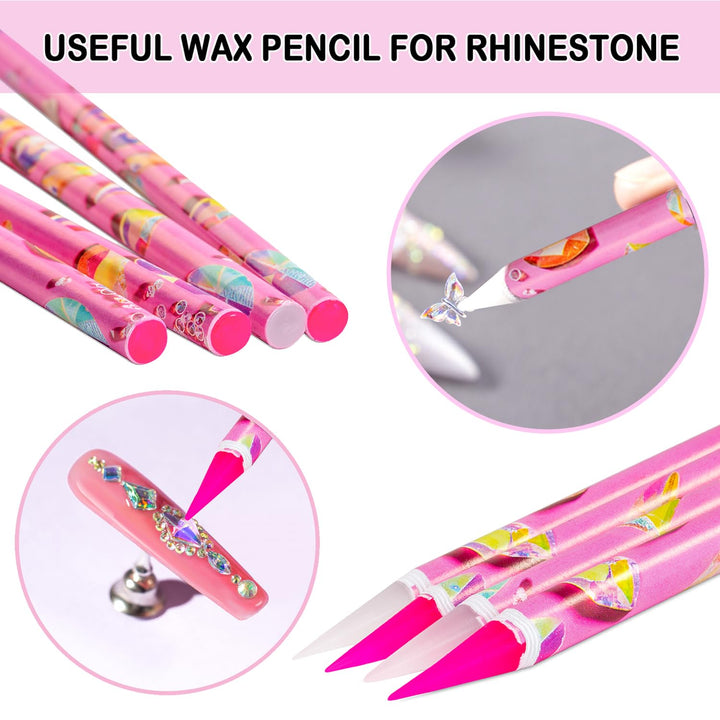 8 Pcs Rhinestone Picker Tool Kit, Self-Adhesive Wax Pencil for Rhinestones and Diamond Painting, Gem Picker Tool Dotting Tools for Nail Art, 4 Wax Pen and 4 Rhinestone Trays Rhinestone Tools
