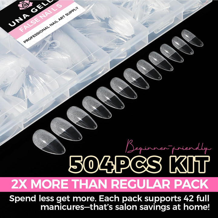 Almond Gel Nail Tips, 504PCS Pre Etched Clear Fake Nails Tips Medium Almond Shape - 12 Sizes Full Cover Soft Acrylic Press on Nail Extensions No C Curve Gift for Diy at Home