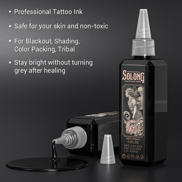 Tattoo Ink,Solong S Series 3.4Oz(100Ml) Professional Black Tattoo Ink for Outlining,Shading and Blending-Premium Black Tattoo Supplies,Ti303S-100-031