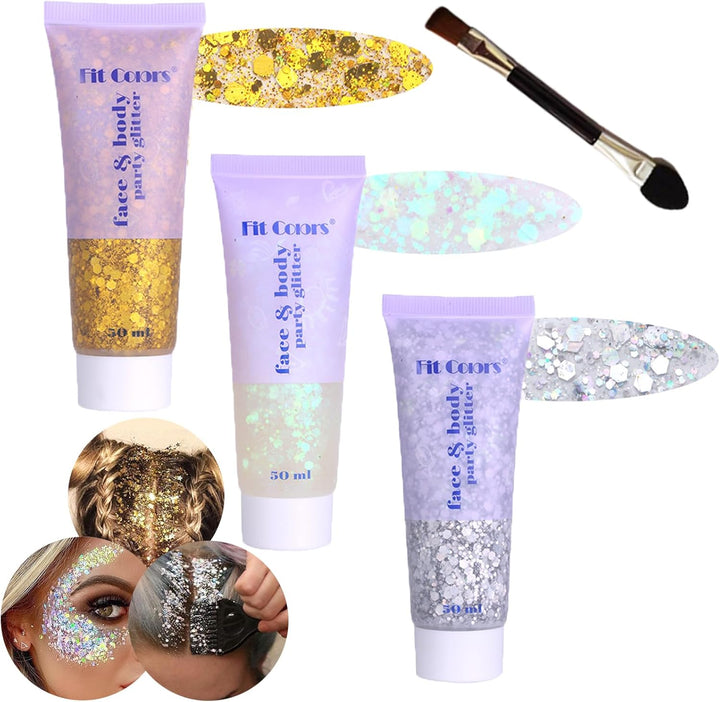 Body Glitter Face Glitter Gel: Singer Concerts Disco Festival Rave Accessories Face Glitter Makeup 150Ml Chunky Sequins Mermaid Face Body Hair Glitter Gel (White&Silver&Pink)