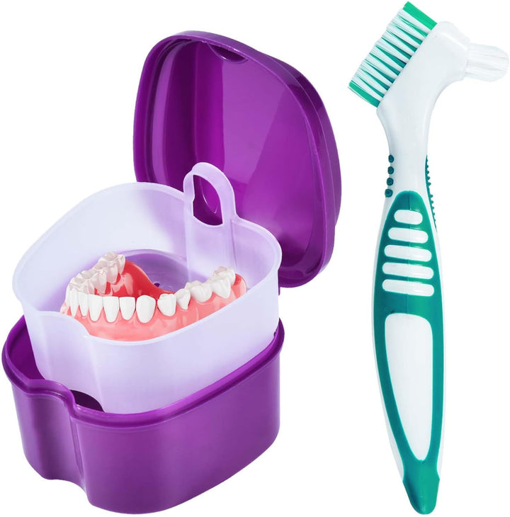 2 Pack Denture Bath Case Cup Box Holder Storage Container with Denture Cleaner Brush Strainer Basket for Travel Cleaning (Light Blue and Blue)