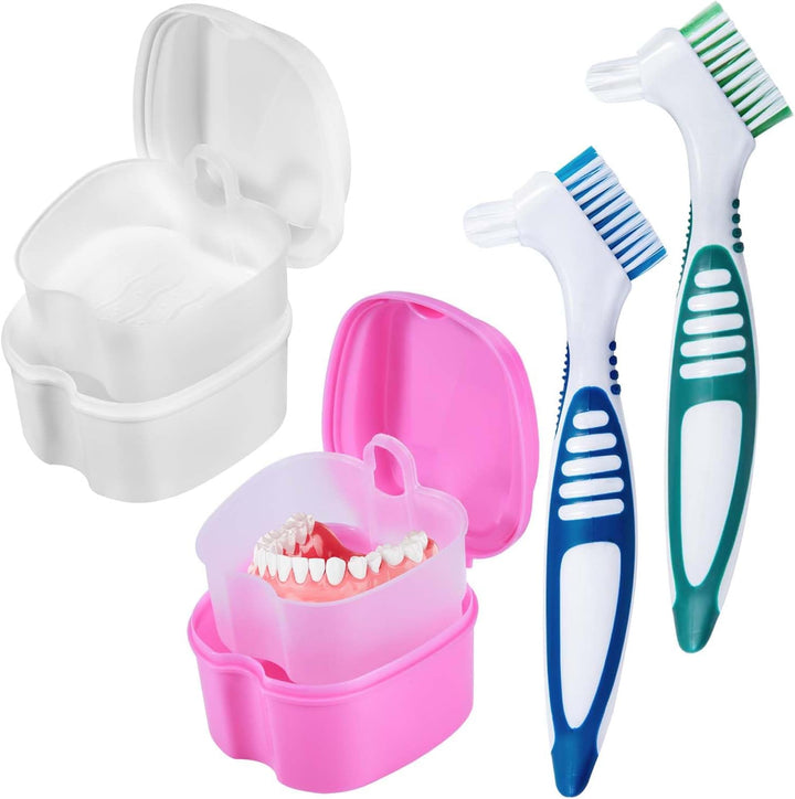 2 Pack Denture Bath Case Cup Box Holder Storage Container with Denture Cleaner Brush Strainer Basket for Travel Cleaning (Light Blue and Blue)