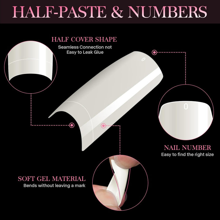 500PCS Half Cover False Nails Tips - Acrylic Nail Tips 10 Sizes Lady French Style Acrylic Artificial Tip Manicure with Box for Nail Tips Art Salons and Home DIY