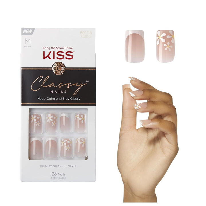 Classy, Press on Nails, Nail Glue Included, 'Dashing', Light White, Medium Size, Almond Shape, Includes 28 Nails, 2G Glue, 1 Manicure Stick, 1 Mini File