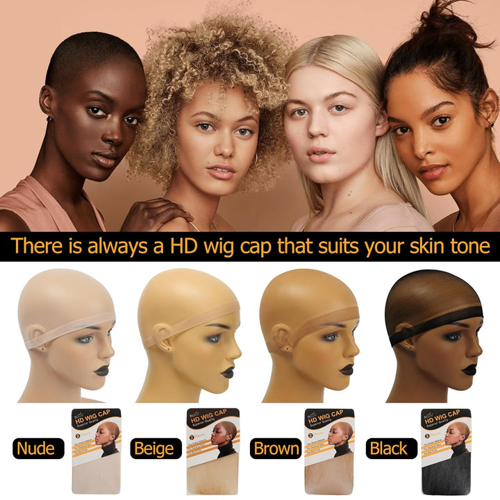 Dark Brown Skinlike HD Wig Cap for Women, 4 Pieces Invisible Ultra-Thin Stretchy Stocking Caps for Lace Front Wigs