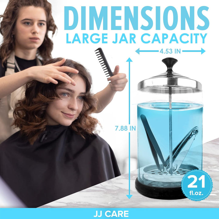 Disinfectant Jar (21 Oz) - Barber Disinfectant Jar Glass, Sanitizer Container W/Stainless Steel Removable Strainer & Cap for Manicure, Salon, Spa and Barber Tools - Black Lid