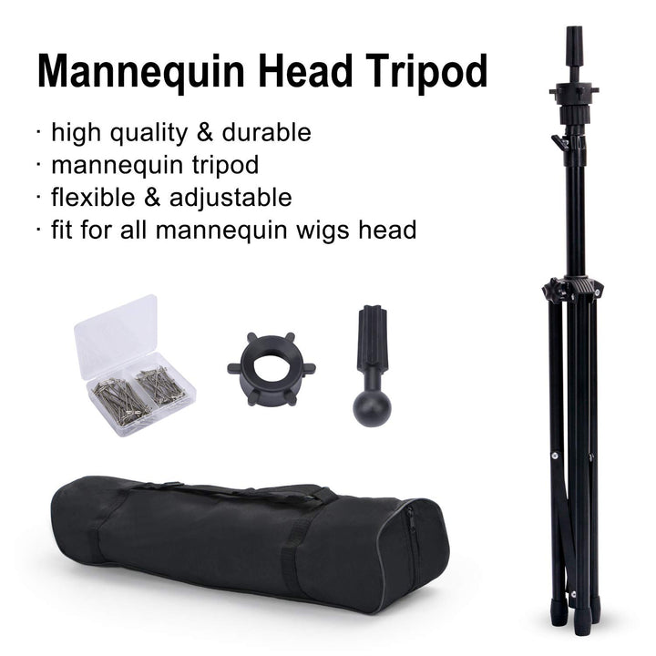 Reinforced Wig Stand Tripod Mannequin Head Stand, Adjustable Holder for Cosmetology Hairdressing Training with T-With Caps, T-Pins, Comb, Hair Clip, Carrying Bag