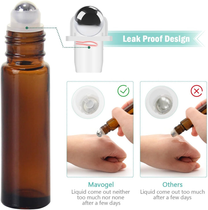 24Pack, 10Ml Roller Bottles for Essential Oils - Amber, Glass with Stainless Steel Roller Balls (3 Extra Roller Balls, 54 Pieces Labels, Opener, Funnel, Dropper, Brush Included)