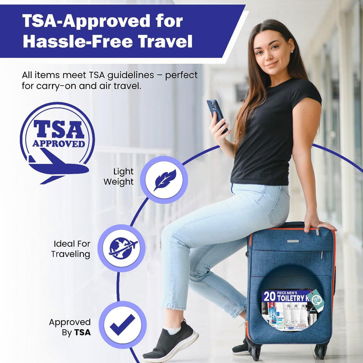 Travel Toiletry Kit for Men and Women – 20 Piece Set of Travel Size Toiletries, TSA Compliant, Includes Shampoo and Conditioner, Body Wash, Toiletry Bag & More