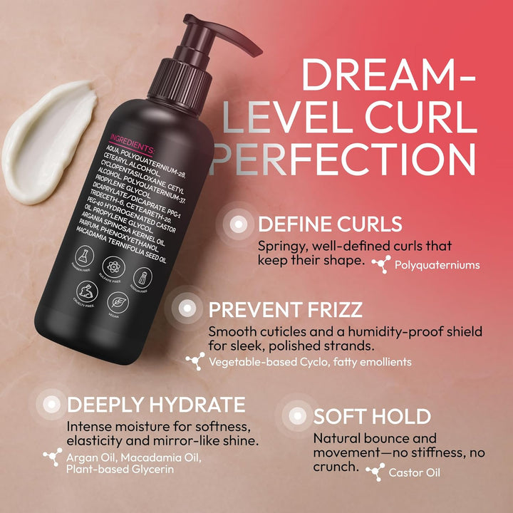 Curl Cream – Lightweight Leave-In Curl Defining Cream for Curly & Wavy Hair, Anti-Frizz Moisturizer and Curl Activator Texturizer with Macadamia and Argan Oil, 8.1 Fl Oz
