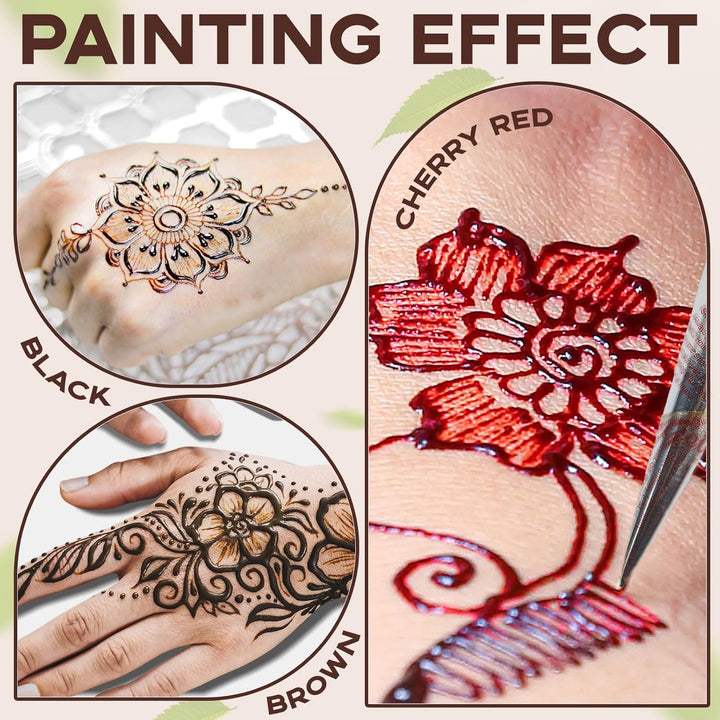 Temporary Tattoo Stencil Kit 10 Sheets, 6 Pcs Tattoo Cones 3 Color (Black/Brown/Cherry Red) with Brush/Cotton Swabstool, India Art Skin Painting Designs for Women Men Kids DIY Gifts