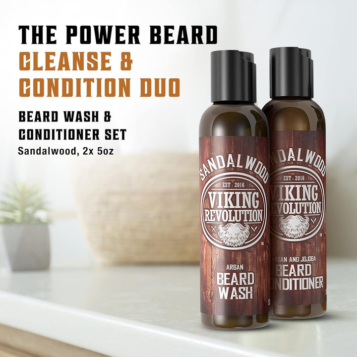Beard Wash & Beard Conditioner Set W/Argan & Jojoba Oils - Softens & Strengthens - Natural Beard Shampoo W/Beard Oil Sandalwood (5Oz)