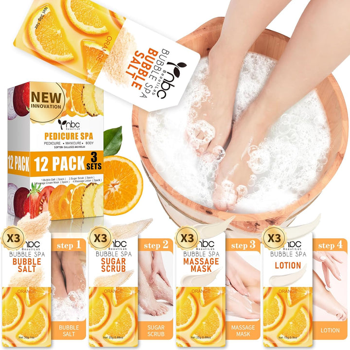 Pedicure Kit Foot Soak Set: Bubble Salt, Sugar Scrub, Massage Mask, Massage Lotion in a Box, 4 Step Foot Spa Kit for Dry Feet,Tired Feet（1 Set Lavender)