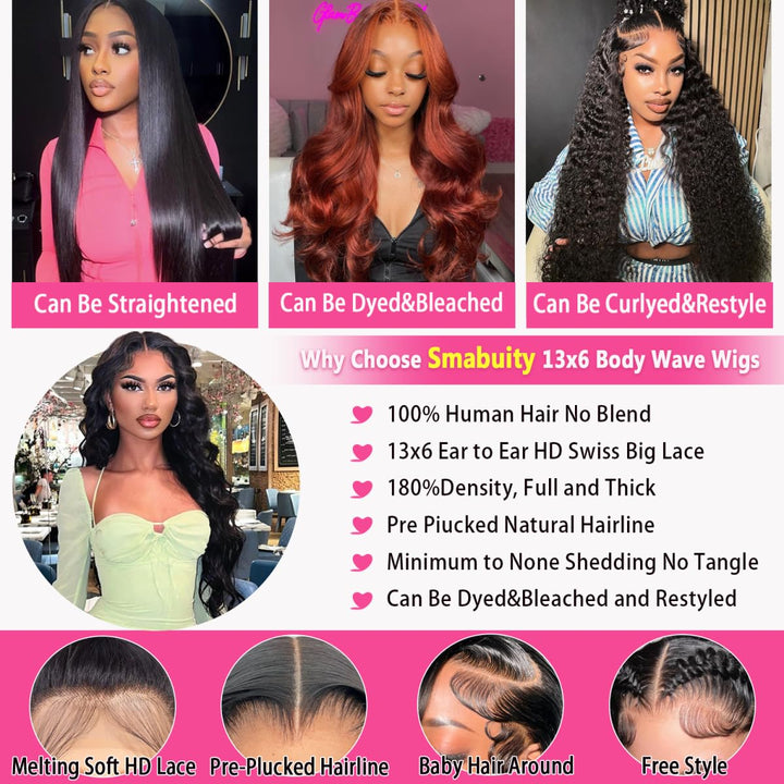 13X6 Body Wave Pre Plucked Human Hair HD Transparent Lace Front Wigs, 180% Density Glueless Lace Frontal Wigs with Baby Hair for Women, 26 Inch