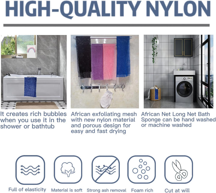 African Exfoliating Net, 4 Pieces African Net Sponge, Nylon African Bath Sponge Net, African Net Long Net Bath Sponge Shower Body Scrubber