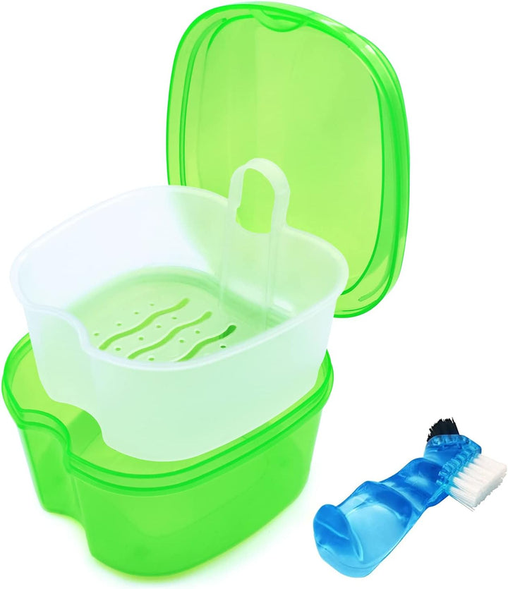 Black Denture Soaking Container Partial Denture Case, Orthodontic Retainer Cleaning Case Denture Cleaner Container Dentures Teeth Cup with Strainer and Lid Waterproof