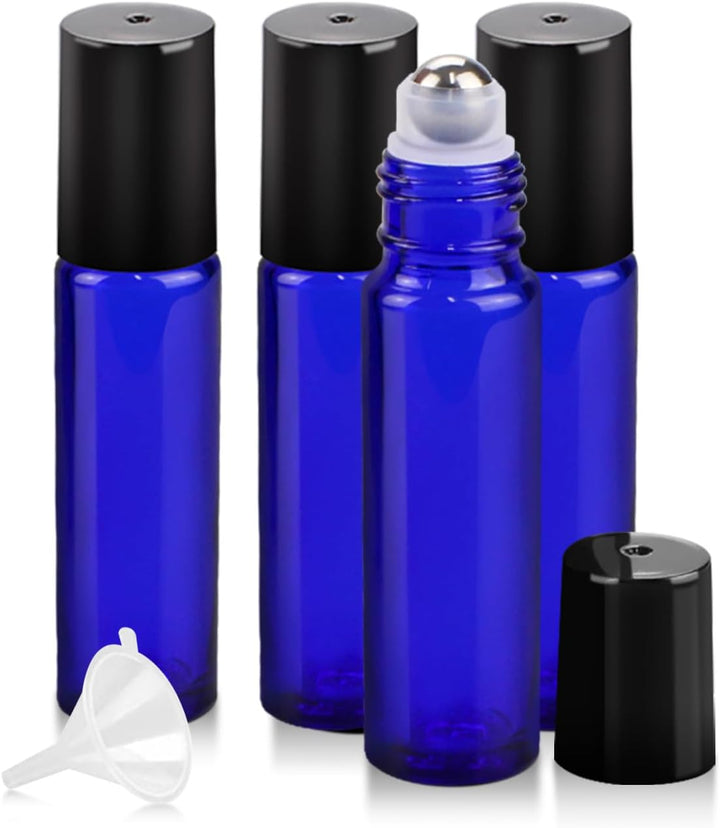 4 Pack Essential Oil Roller Bottles, 10Ml Refillable Amber Glass Roller Bottles with Stainless Steel Roller Balls and Caps for Travel, Perfume and Lip Gloss