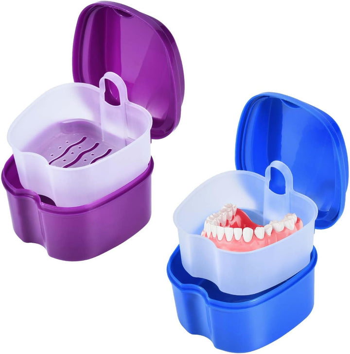 2 Pack Colors Denture Bath Case Cup Box Holder Storage Soak Container with Strainer Basket for Travel Cleaning (Light Blue and Blue)