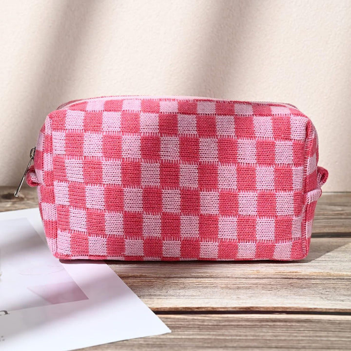 2 Pieces Makeup Bag Large Checkered Cosmetic Bag Capacity Canvas Mix Travel Toiletry Bag Organizer Cute Makeup Brushes Aesthetic Accessories Storage Bag for Women, Checkered Mix Rose Red