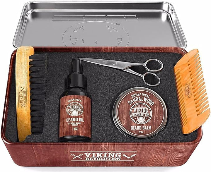 Ultimate Grooming Kit for Men - Boar Brush, Wood Comb, Sandalwood Balm & Oil, Scissors for Beard & Mustache