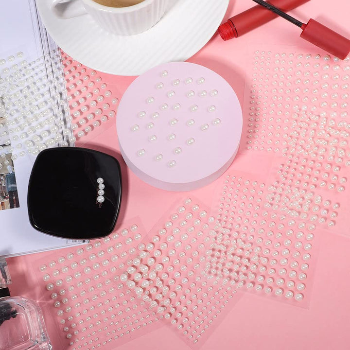 Pearl Stickers for Crafts Self Adhesive Face Pearl Sticker Gems Hair Pearls Stick on 1650 Pcs Pearls Beads for Face, Makeup, Earrings, Nail, 3Mm/4Mm/5Mm/6Mm (White)