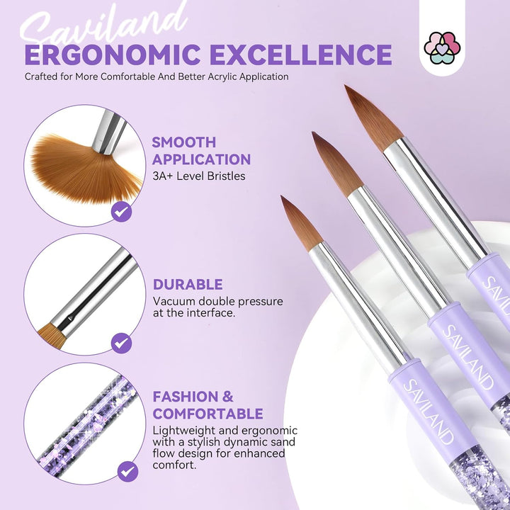 Kolinsky Acrylic Nail Brush Set: Size 6,10,14 Professional Manicure Brushes with Cleaner Tool & Purple Handle for Acrylic Powder,Nail Extensions & 3D Carving - Salon & DIY Nail Art Essentials