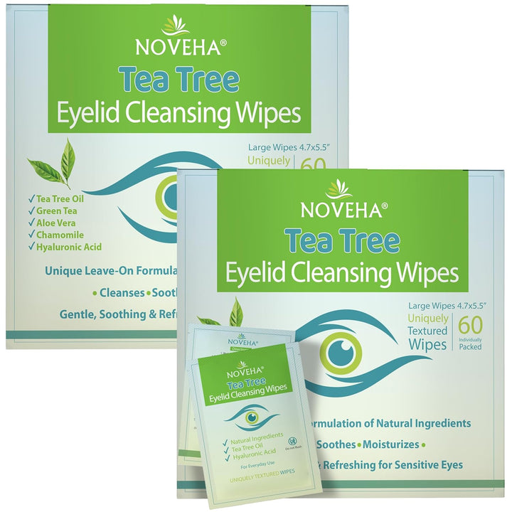 60Pcs Tea Tree Oil Eyelid & Lash Wipes | with Hyaluronic Acid, Green Tea & Chamomile for Blepharitis, Itchy & Stye Eyes, Individually Wrapped, Natural Eyelash Makeup Remover & Daily Cleanser